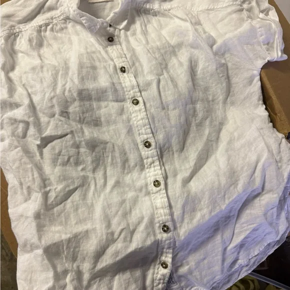 J. Crew White Linen Relaxed Button Down Shirt with Cap Sleeve - Picture 2 of 5